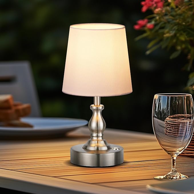 PARTPHONER Mini Cordless LED Table Lamp, 5200mAh Rechargeable Battery Operated Lamp, 3-Level Brightness, Touch Dimmable Desk Lamp, Bedside Night Light for Patio Camping Restaurant Home, Brushed Nickel