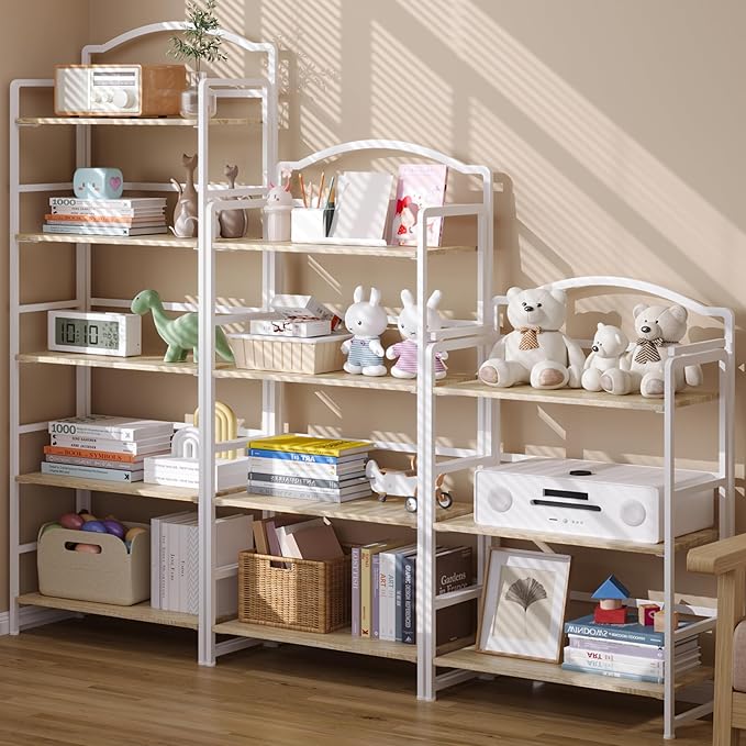 JSB No Assembly Folding Bookshelf, 5 Tier Book Shelf for Storage, Vintage Wood Foldable Bookcase for Living Room, Bedroom, Office Organization Shelves