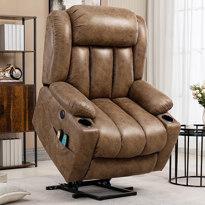 VIVIJASON Tall Man Large Power Lift Recliner Chair with Massage and Heat for Elderly, Overstuffed Wide Electric Lift Recliner with Extended Footrest, 2 Cup Holder, Side Pockets & USB Ports (Brown)
