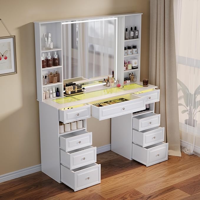 Extra Large Vanity Desk with Lighted Mirror, Makeup Vanity with RGB Glass Top, White Vanity Table with 9 Drawers, Tall Dressing Table with Crystal Ball Knobs (Minimalist Style)
