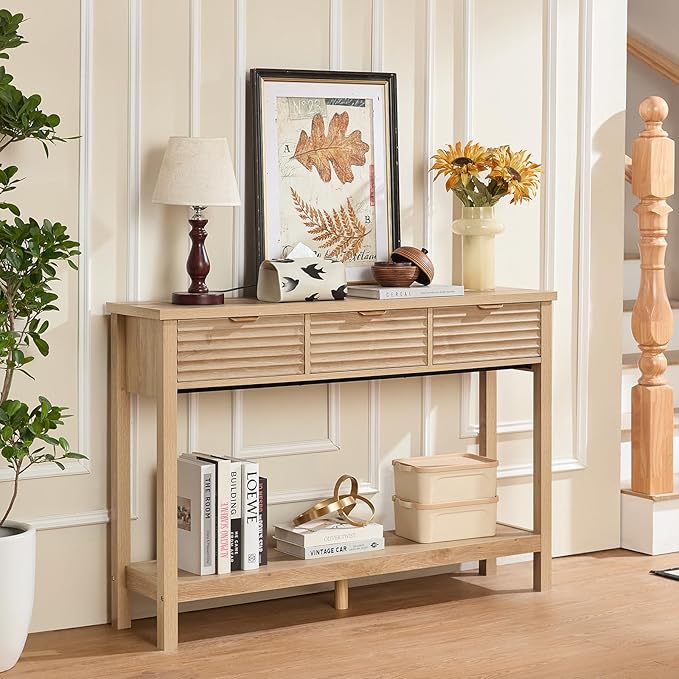 LEYAOYAO Fluted 47.2" Console Table with 3 Drawers, Modern Wood 2 Tier Entryway Table with Open Storage Shelf, Boho Sofa Entry Tables Behind Couch for Living Room, Hallway, Entrance Foyer, Natural Oak