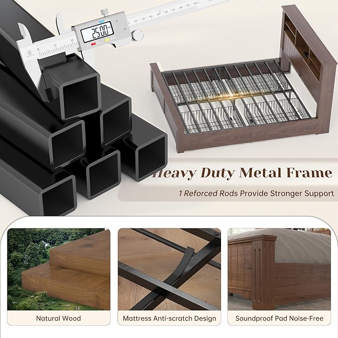 EnHomee Full Size Bed Frame with Headboard and Storage, 4 Drawers and LED Built in Charging Station Full Bed Frame with Storage Farmhouse, NO Noise,No Box Spring Needed,Brown