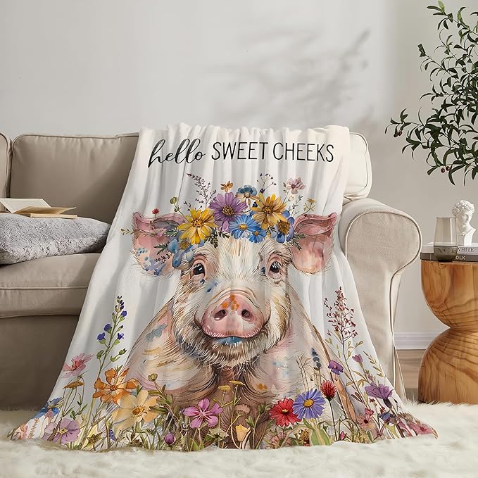 Funny Farm Pig Throw Blanket - Soft, Warm & Cozy Fleece for Couch, Sofa, Bed - 60"x50" - Funny Animal Gift for Girls, Women, Men, Kids, Adults