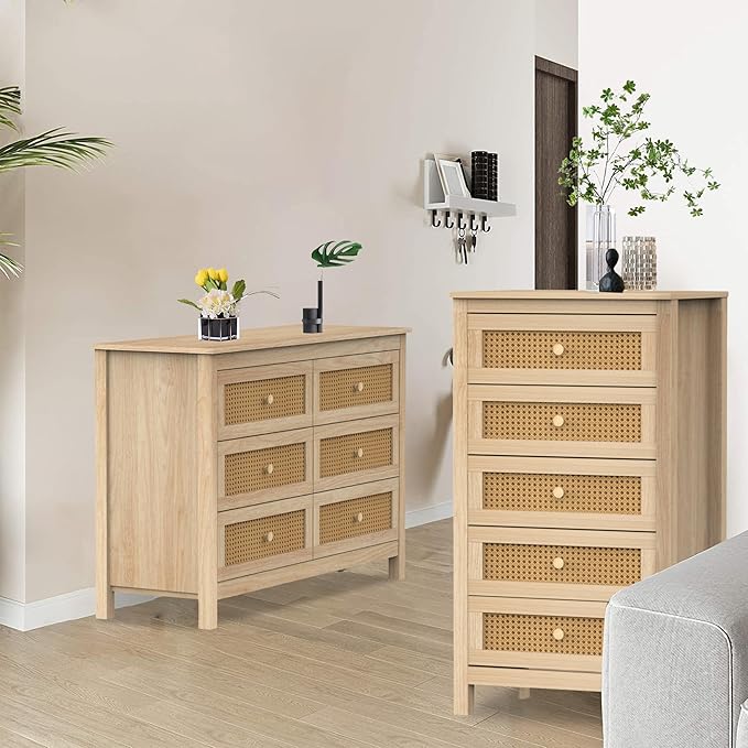 Farmhouse 6 Drawers Dresser with 2pcs 5 Drawer Dresser, Wood Double Dresser Chest of Drawers Wide Storage Organizer Cabinet for Bedroom, Living Room, Natural