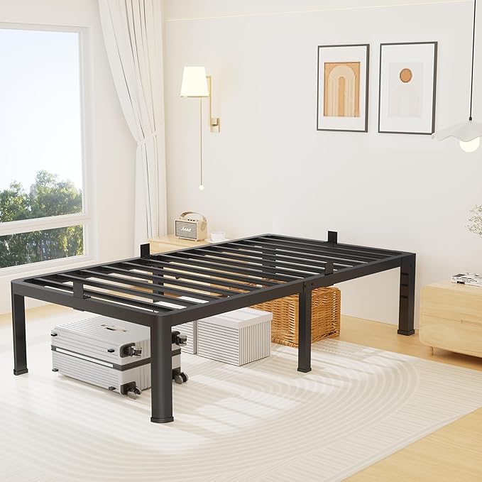14 Inch Twin Bed Frame, Metal Platform Bed Frame with Round Corner Legs, 3500 lbs Heavy Duty Steel Slats Support, No Box Spring Needed, Noise Free, Easy Assembly, Black