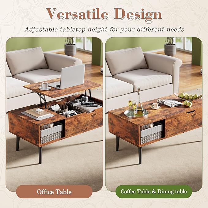 OLIXIS Wooden Coffee Table, Lift Top Coffee Table with Large Hidden Compartment and Ample Storage Shelf, Lift Tabletop Dining Table for Living Room, Home Small Space, Rustic
