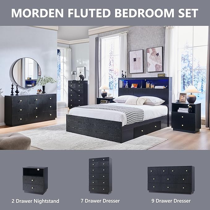 Fluted NightStand with Charging Station, 21.65" Black Nightstand with Drawer/Open Shelves, 2 Drawer Dresser for Bedroom, Morden End Table Bedside Table for Bedroom, Living Room,Black