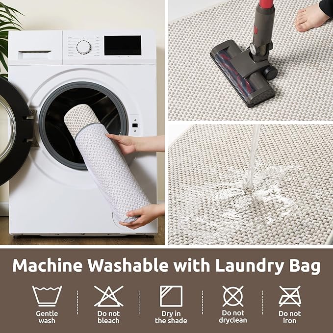 AMOAMI Chenille Bath Mat Super Absorbent Bathroom Mat Quick Dry Bath Mats for Bathroom Rubber Backed Bathroom Rugs Non Slip Washable Fit Under Door, Front of Bathtub, Sink, Beige&White 17"x24"