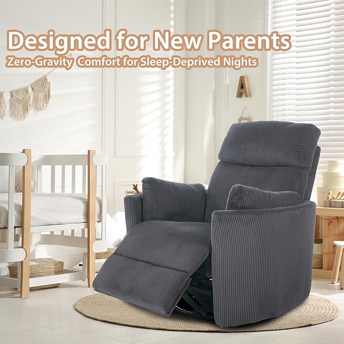Power Swivel Glider Rocking Recliner Nursery Chair, Corduroy Rocker Recliner with USB, 2 Pillows, Barrel Armchair Single Sofa for Living Room Bedroom, Dark Grey