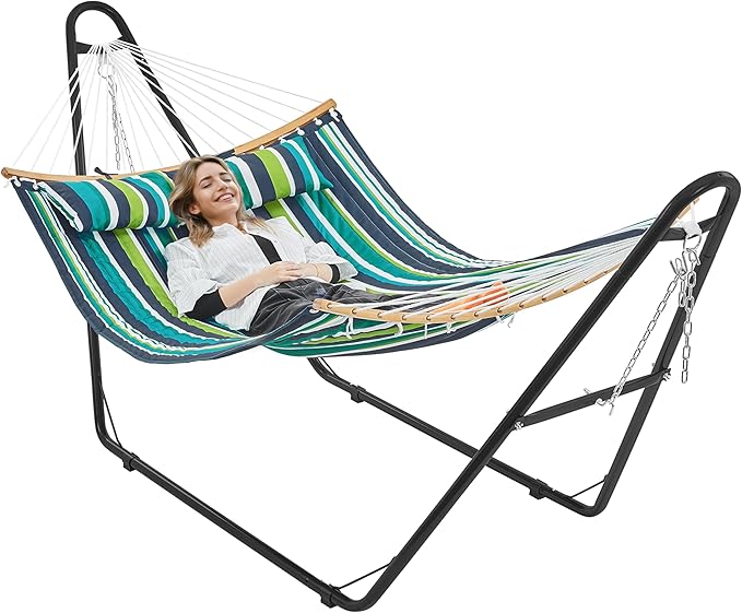 Yaheetech Hammock with Stand Set, 2-3 People Heavy Duty Hammock with Frame & Removable Pillow for Outdoor & Indoor, Max.Weight Capacity 475LB - Green Stripe