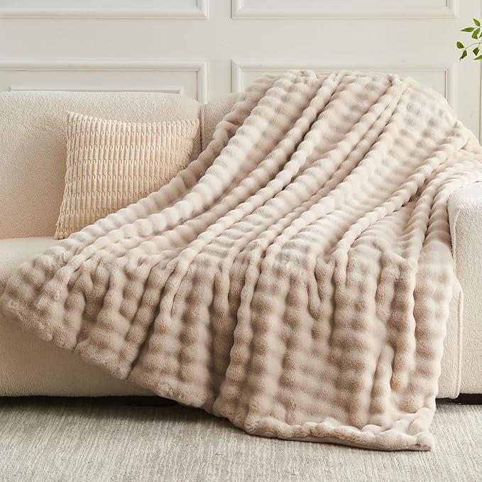 NEWCOSPLAY Faux Fur King Blanket Linen Bubble Blanket Thick Warm Soft for Couch Sofa Bed 550GSM (Linen, King(90"x110"))