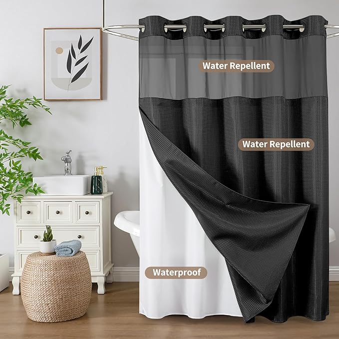 Colorful Star No Hook Shower Curtain with Snap in Fabric Liner, Waffle Weave Heavy Duty Thick Shower Curtains with Mesh Top Window, Hotel Style Waterproof Bathroom Curtain Set, 72 x 81 Inch, Black