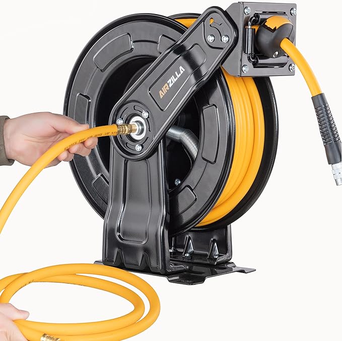 Premium Steel Retractable Air Hose Reel With Dual Arm, 3/8"x65Ft Hybrid Polymer Hose, Heavy Duty Air Hose Reel included Auto Rewind Reel | Quick Air Coupler | Durable Double side Frame