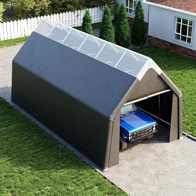 Skyview Portable Garage, 13x24 FT Heavy Duty Carport Canopy with Translucent Roof, Reinforced Metal Frame, Zipper Doors,All-Weather Resistant, Waterproof Outdoor Storage Shelter for Cars/RV/ATV