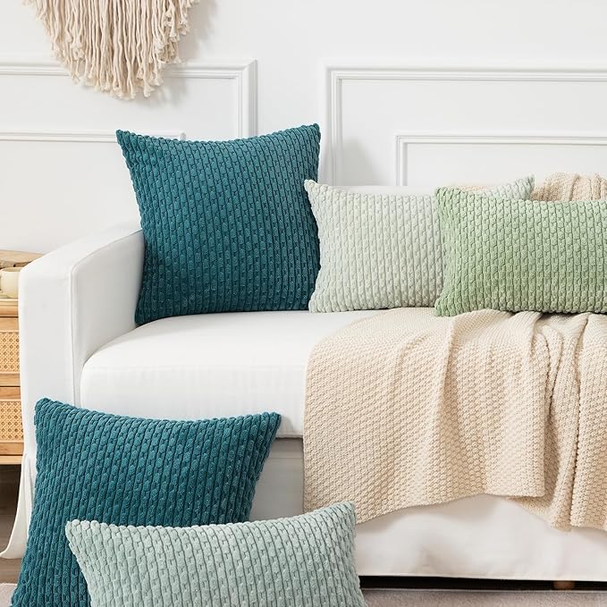 Kevin Textile Throw Pillow Covers Soft Corduroy Decorative Set of 2 Boho Striped Pillow Covers Pillowcases Farmhouse Home Decor for Couch Bed Sofa Living Room 22x22 Inch Teal Blue