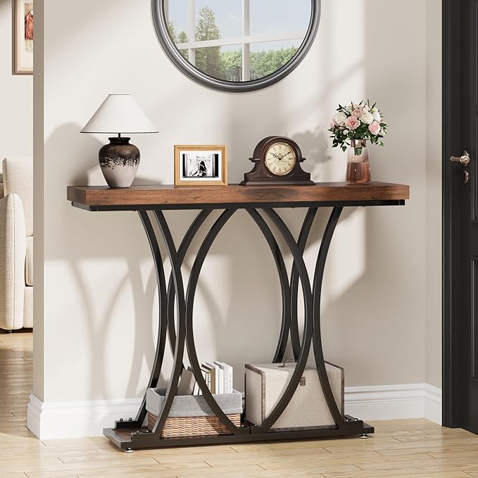 JUSTOGO 41.3" Industrial Entryway Table, Narrow Wood Sofa Console Table with Geometric Metal Legs and Ellipse Base, Living Room Furniture for Foyer, Hallway, Entrance, Rustic Brown