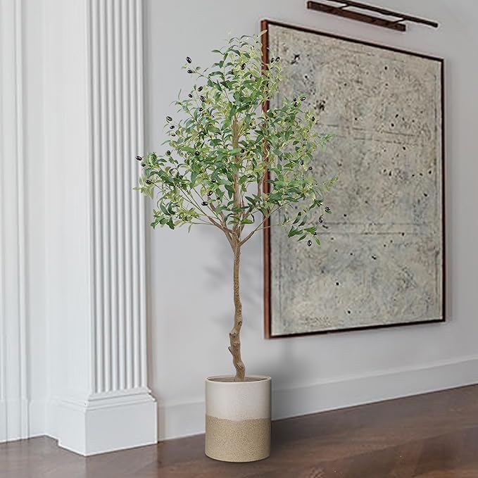 ANTING Artificial Olive Tree, 6FT Tall Faux Olive Tree with Pot, 72in Artificial Plants Indoor Silk Plants with Realistic Trunk,1150 Leaves and Lifelike 44 Fruits for Home Office Decor Outdoor(1pack)