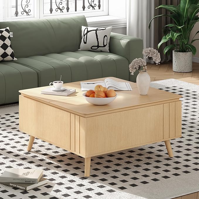 Lift Top Coffee Table with Storage,Large Square Coffee Tables for Living Room,Mid Century Modern Center Table for Home Office, Oak