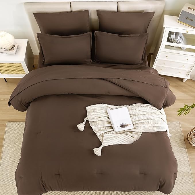 Litanika Full Size Comforter Sets Brown - 7 Pieces Bed in a Bag Full Bedding Comforter Sets, Solid Lightweight Bed Set with Comforter, Sheets, Pillowcases & Shams
