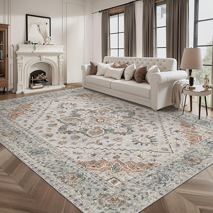 Tangsoo 8x10 Area Rug for Living Room, Washable Vintage Rugs Indoor Non Slip Large Area Rugs, Print Distressed Taupe Carpet, Soft Low Pile Foldable Floor for Bedroom Dining Room Dorm