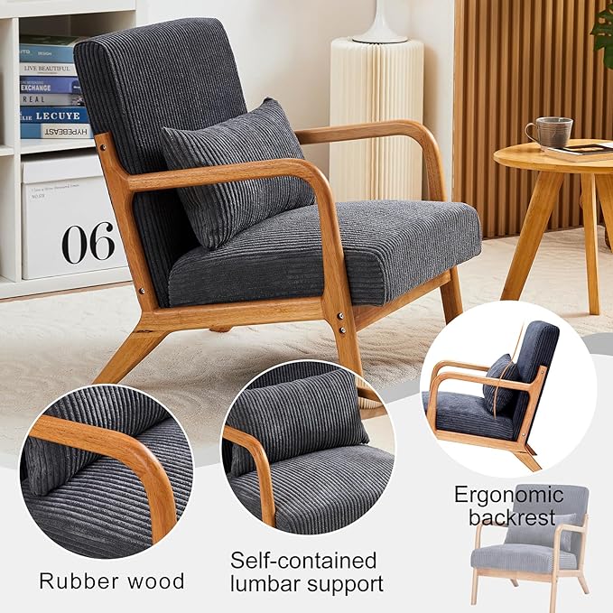IKIFLY Mid Century Modern Accent Chair with Pillow, Upholstered Lounge Armchair with Solid Wood Frame, Reading Chair with Lumbar Cushion for Living Room, Office, Reading Room, Bedroom - Dark Grey