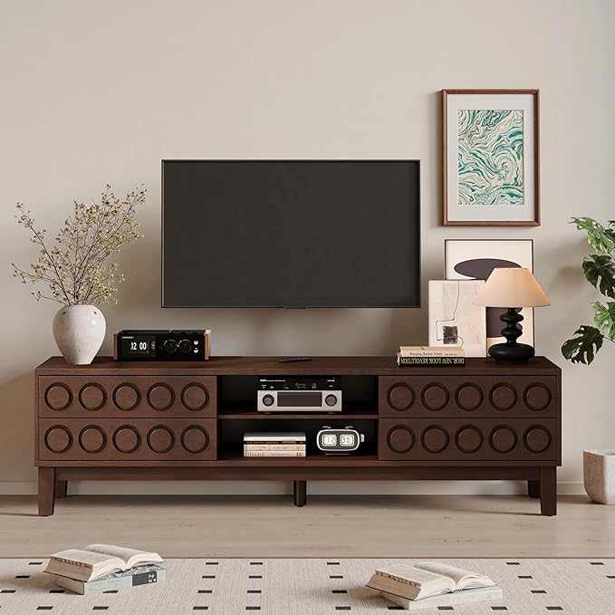 70" Modern TV Stand, Entertainment Center for Tvs up to 75", Unique Circular Design, TV Media Console with 4 Drawer & Open Storage for Living Room (Walnut)