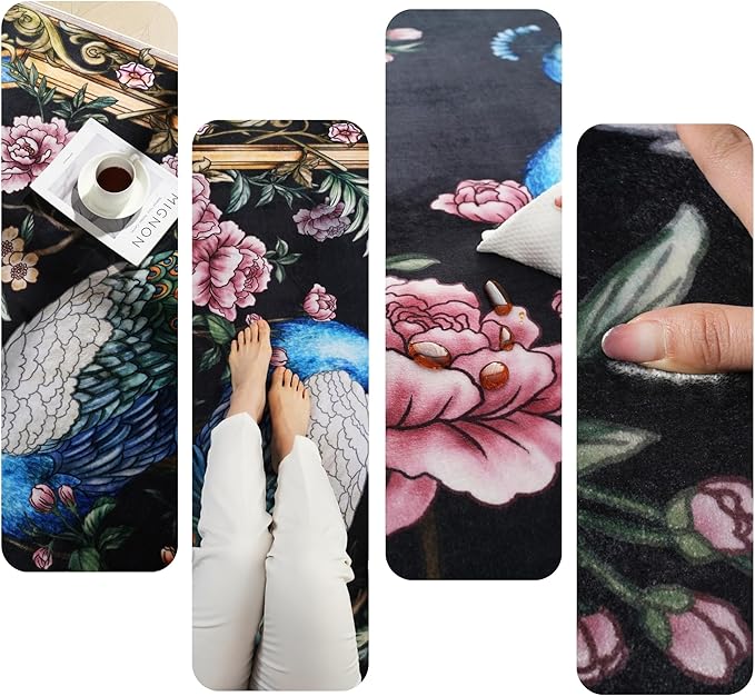 Area Rug 4x6 Rug Washable Floral Peacock Rugs Non Slip Low Pile Floral Animal Small Carpet for Bedroom, Bedside, Kids Room, Office, Dining Room (Black)