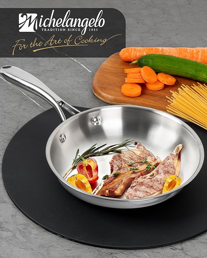 MICHELANGELO Stainless Steel 8 inch Frying Pan, Small Skillet with Triply Base, Stainless Steel Pan with Ergonomic Handle, Induction Compatible