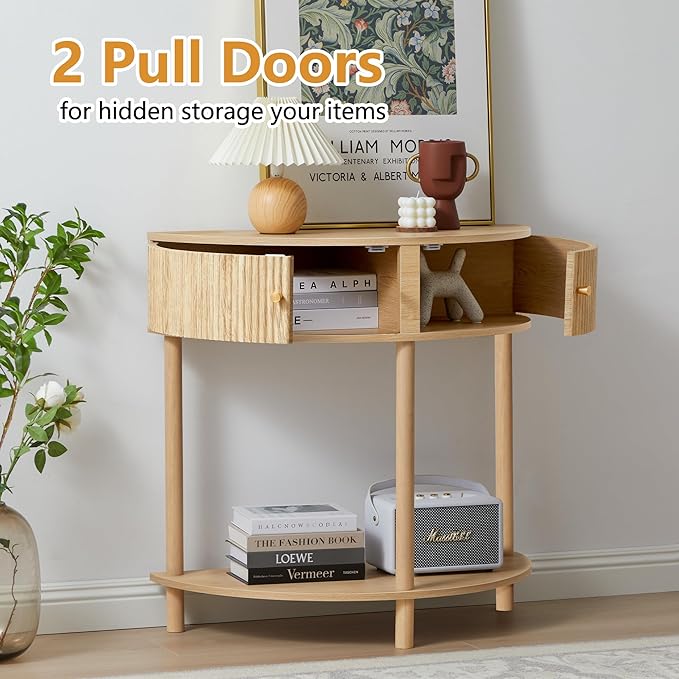 Fluted Half Moon Console Table, Modern Small Entry Table Sofa Table with Storage, Solid Wood Legs Narrow Entryway Table for Living Room, Hallway, Foyer(Natural)