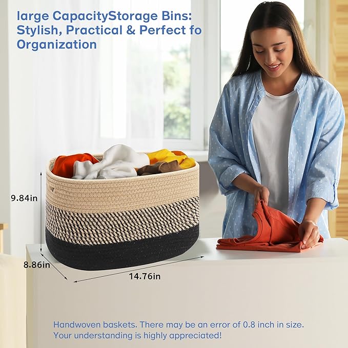 4 Pack Woven Storage Baskets for Organizing - Cotton Rope Baskets for Closet, Toys, Books, Towels, Durable Storage Bins for Shelves, Living Room, Bedroom, 14.76''Lx9.84''Wx8.86''H (Brown, 13")