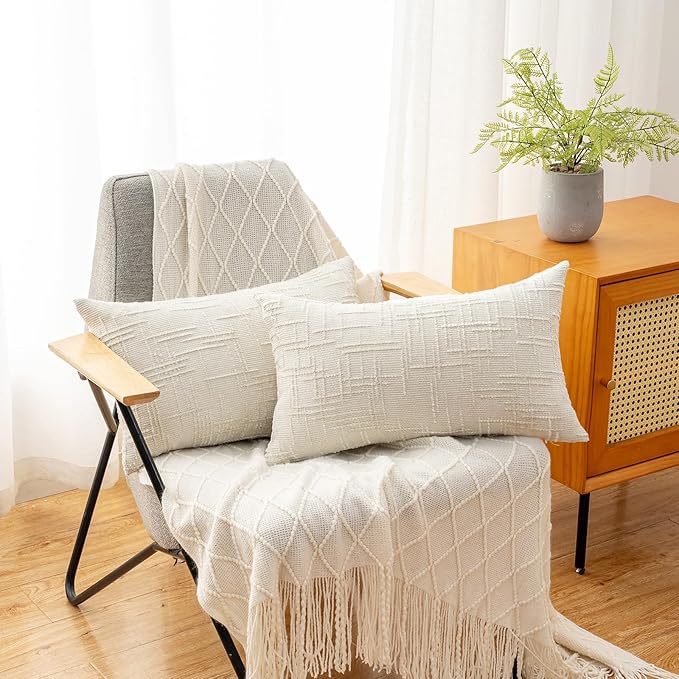 Decorative Throw Pillow Covers 12x20 Inch Set of 2, Soft Solid Farmhouse Chenille Couch Pillows, Spring Pillow Covers for Couch Sofa Bed Living Room Home Decor Pillowcase, Cream White
