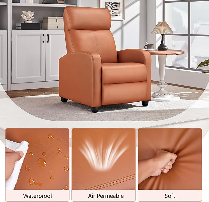 Yaheetech Recliner Chair PU Leather Recliner Sofa Home Theater Seating with Lumbar Support Overstuffed High-Density Sponge Push Tan Recliners