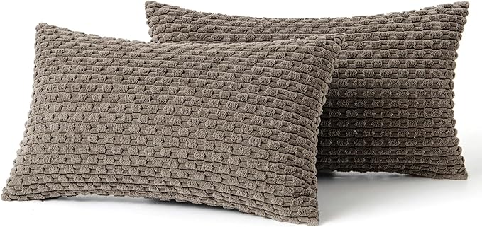 MIULEE Throw Pillow Covers Soft Corduroy Decorative Set of 2 Boho Striped Pillow Covers Pillowcases Farmhouse Home Decor for Couch Bed Sofa Living Room 12x20 Inch Brown