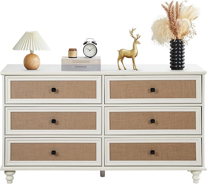 6 Drawer Dresser for Bedroom, Mid Century Modern Wide Wood Rustic Chest of Drawers Wooden Storage Organizer Dressers with Burlap Rattan Drawers for Living Room, Hallway Closet, Entryway, Beige White