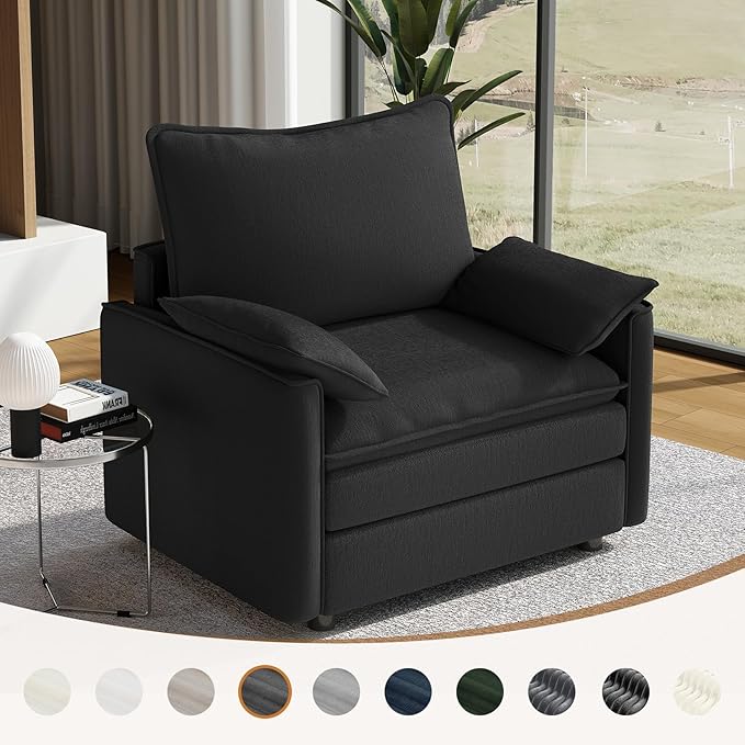 Vesgantti 40" Single Seat Sofa, Comfy Cloud Couch Deep Seat Upholstered Couch Chenille Modern Sofa with Armrest Pillow, Easy Assembly for Living Room, Bedroom and Apartment, Black