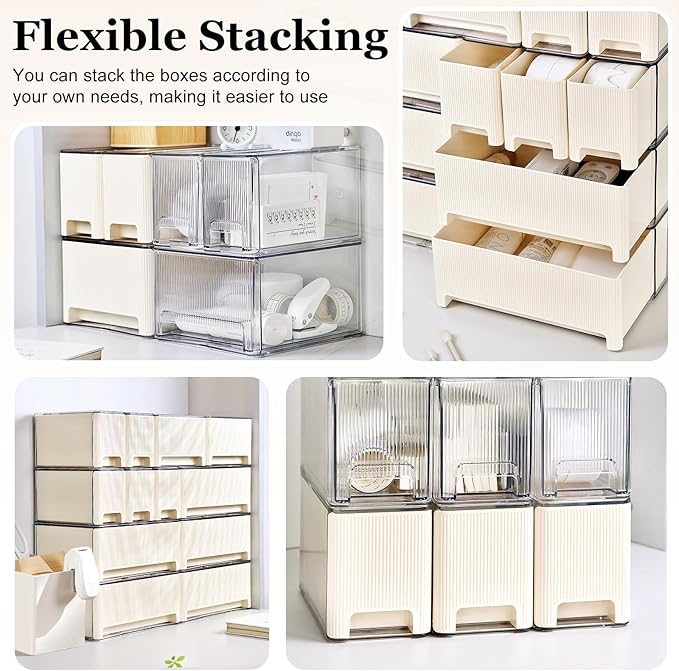 Stackable Makeup Organizer, 3 Pack Plastic Drawer Storage with Handle for Vanity Bathroom Countertop, Cream