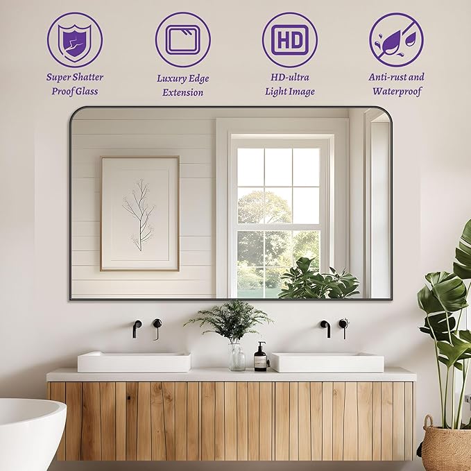 Bathroom Mirror, Wall Mirrors, Black Metal Framed Wall-Mounted Mirrors, Bathroom Vanity Mirror for Over Sink, Living Room, Bedroom, Entryway, 48x30 Inch, Black