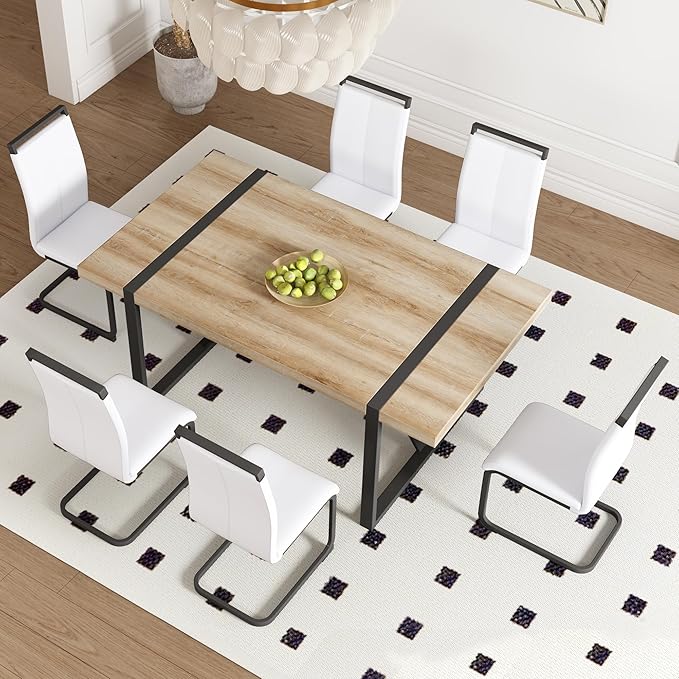 Dining Table Chairs Set for 6, Modern Rectangular Dining Room Table Set PU Leather Upholstered Dining Chairs 71" Dinner Table Set for Kitchen (White, 71 Inch Brown Table+6 Chairs)