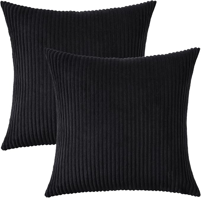 Mecatny Corduroy Decorative Throw Pillow Covers 20x20 Set of 2 for Sofa Living Room, Soft Neutral Boho Couch Pillow Covers for Home Decor, Black