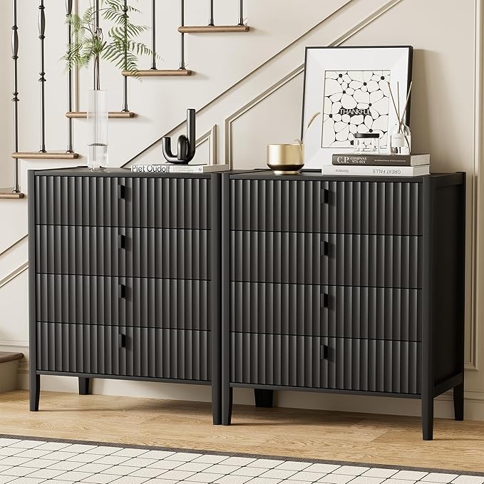 Black 4 Drawer Dresser, 31.5" Wide White Modern Dresser with Fluted Front & Metal Handles for Bedroom, Living Room