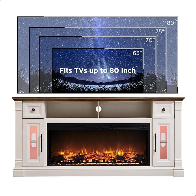 OKD Fireplace TV Stand for 80 Inch TV - Farmhouse Entertainment Center with 42" Electric Fireplace & LED Lights, Wood Media Console with Storage Drawers & Cabinets for Living Room, Antique White