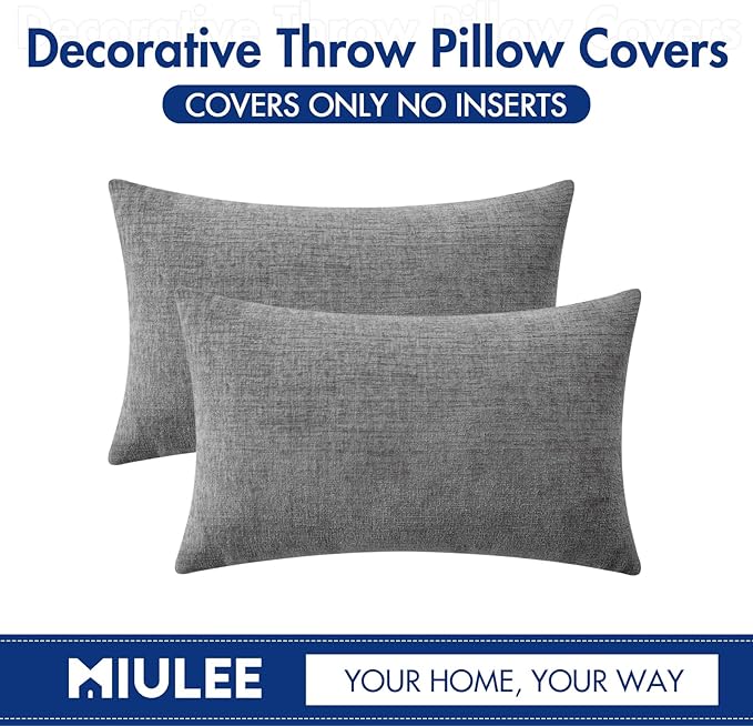 MIULEE Pack of 2 Couch Throw Pillow Covers 12x20 Inch Soft Dark Gray Chenille Pillow Covers for Sofa Living Room Solid Dyed Pillow Cases