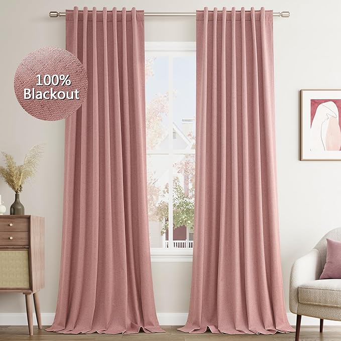 Guken Linen Blackout Curtains 108 Inch Length 2 Panels Set for Living Room Bedroom Back Tab Thermal Insulated 100% Black Out Linen Drapes Room Darkening Window Curtains 108 Inches Long, Pink