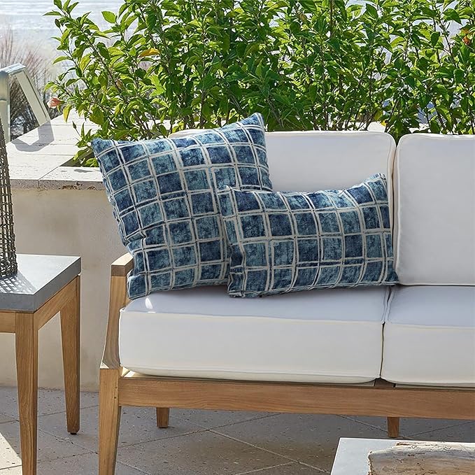 Outdoor Lumbar Pillow Covers 12”x20”, Rectangle Throw Pillow Covers for Patio Furniture, Decorative Lumbar Cushion Case for Garden Balcony Couch Office Chair, Pack of 2,Denim Blue Checkered