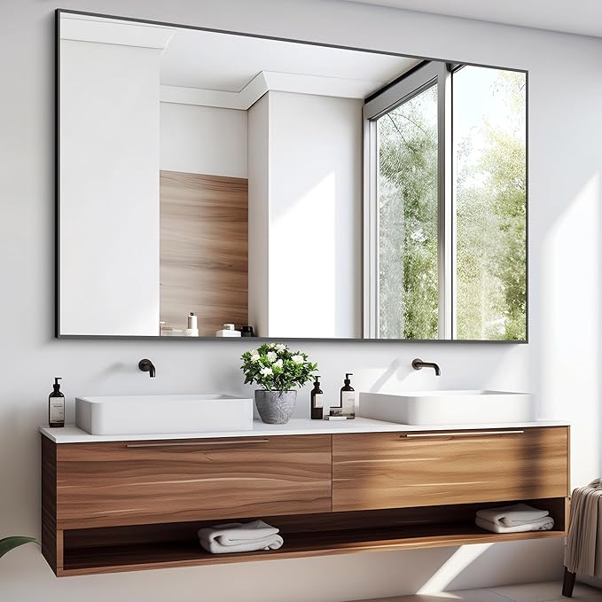 KOCUUY 60x40 Inch Large Black Wall Mounted Mirror,Aluminum Framed Decorative Rectangular Bathroom Mirror for Wall Over Sink,Vanity Mirror for Bedroom Living Room Bathroom,Functional Oversized Mirror