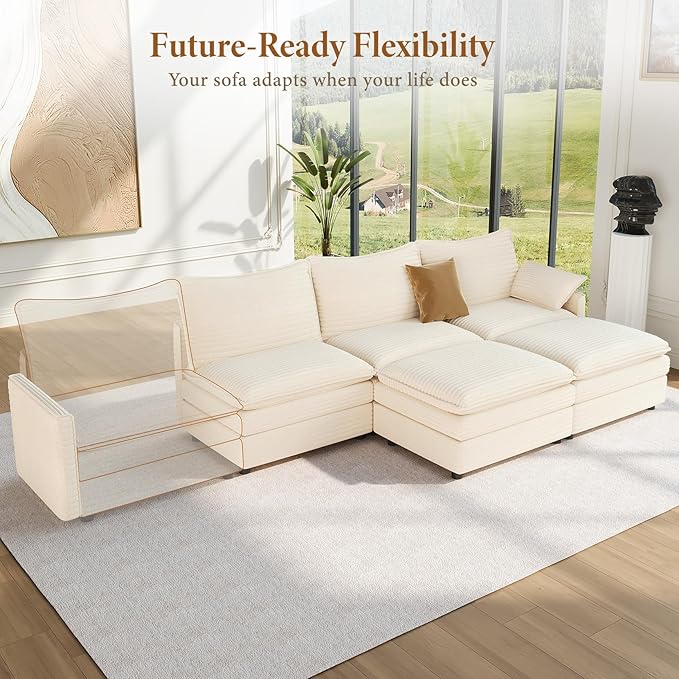 Vesgantti 108" U Shaped Sectional Couch, Comfy Cloud Modular Sectional Sofa with 2 Ottoman Deep Seat Corduroy Modern Cloud Sofa, Modular Sofas for Living Room, Bedroom and Apartment, Beige