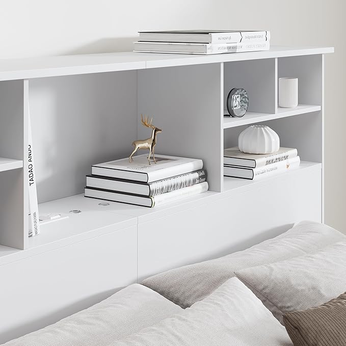 Queen/Full Size Headboard Only for Bedroom, Wood Bookcase Headboard with Charging Station & 2 LED Lights, Stylish Headboards for Queen Size Bed, Noise-Free HeadBoard with Storage, White