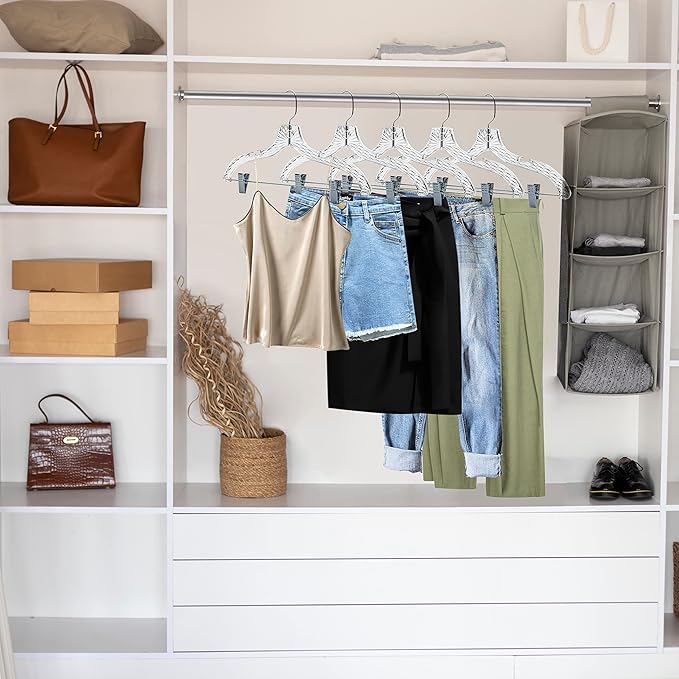 Quality Clear Plastic Skirt Hangers - 12 Pack Crystal Cut for Skirt, Pant, Dress, Suit, Coat Hangers Heavy Duty & Nonslip Design Asujtable Clips, Swival Hook, 17" inch (12, Crystal Skirt)