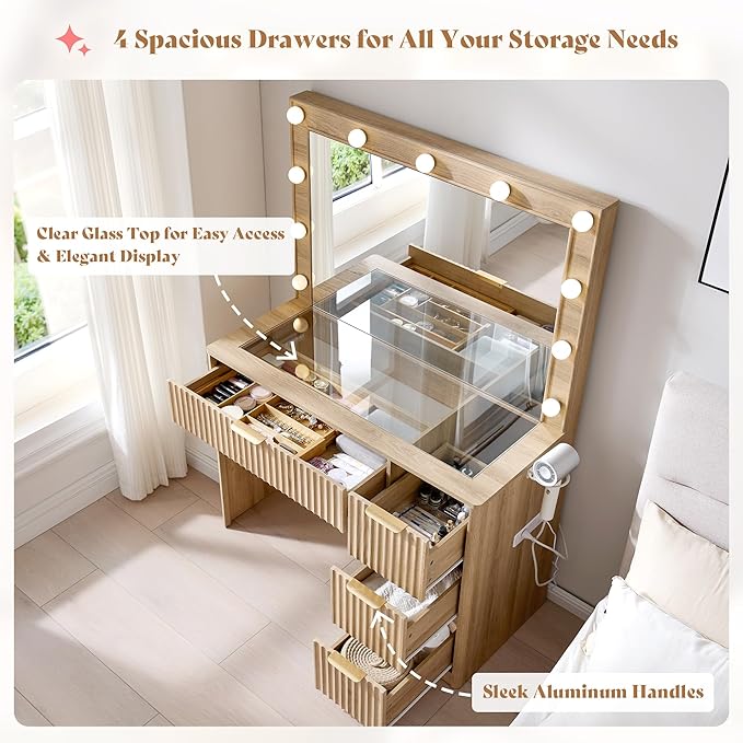 AMERLIFE 36.2" Fluted Vanity Desk with Large Mirror and Adjustable LED Lights, 4 Drawers Makeup Table with Glass Top and Charging Station for Women and Girls, Bedroom or Dorm, Oak