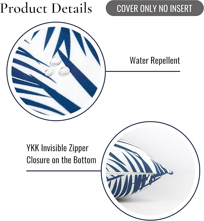 Hofdeco Premium Coastal Hampton Style Patio Indoor Outdoor Pillow Cover Only, 20"x20" Water Resistant for Backyard, Couch, Navy Blue Palm Leaf